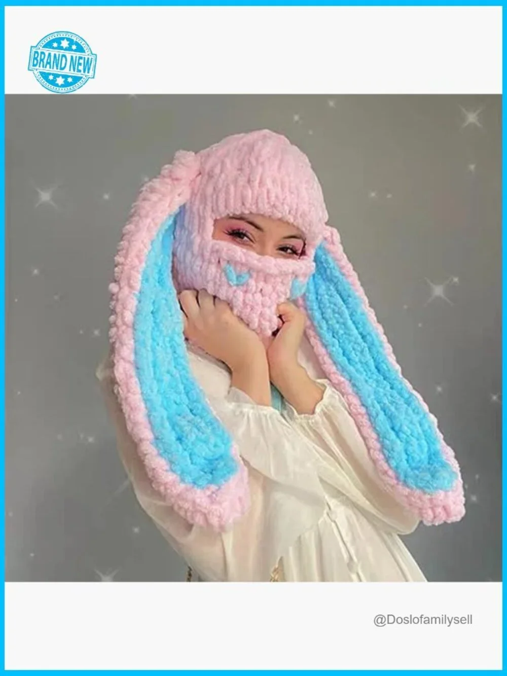 Y2K Knit Balaclava Bunny Ear Skull Beanie Slouchy Winter Warm Unisex Hat